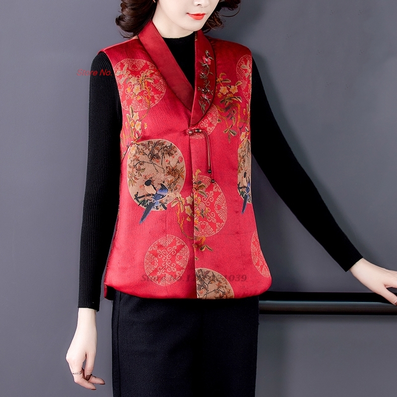 Padded Vest Gilet - 2026 national flower print satin cotton-padded